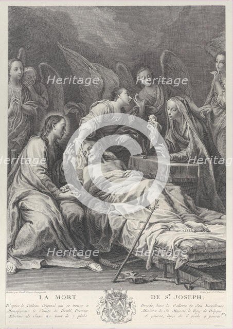 The death of Saint Joseph, lying on a bed, with Jesus, the Virgin Mary, and angels at h..., 1740-50. Creator: Johann Christian Teucher.