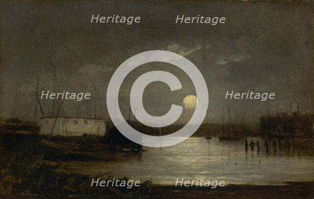 Untitled (moon over a harbor, wharf scene with full moon and masts of boats), ca. 1868. Creator: Edward Mitchell Bannister.