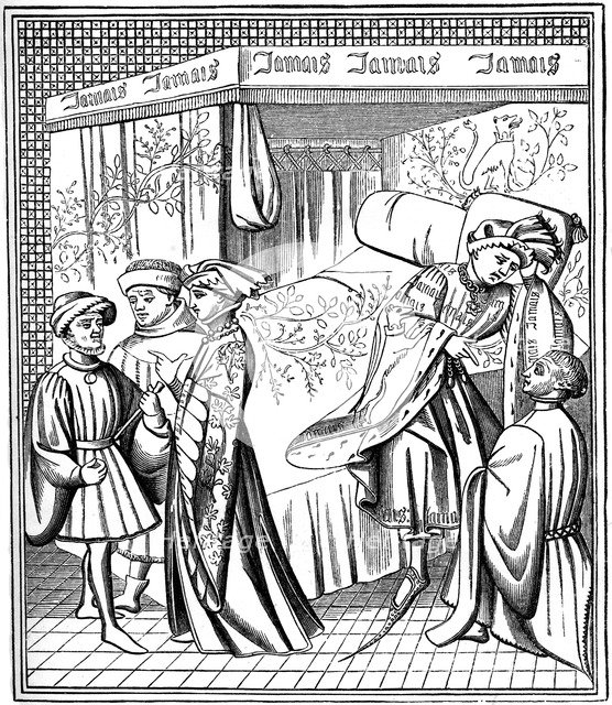 A bed furnished with a canopy and curtains, late 14th century, (1870). Artist: Unknown