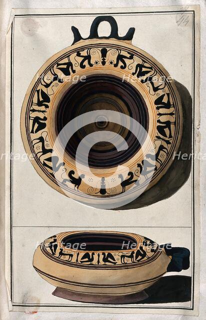 Above, white-ground black-figured Greek vessel decorated with a frieze of stylised..., 1760-9. Creator: Augustin Dahlsteen.