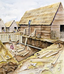 Viking buildings, late 10th century. Artist: Chris Evans.