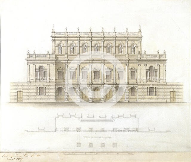 Design for alterations and additions to Burlington House, Piccadilly, Westminster, London..., 1867. Creator: Sydney Smirke.
