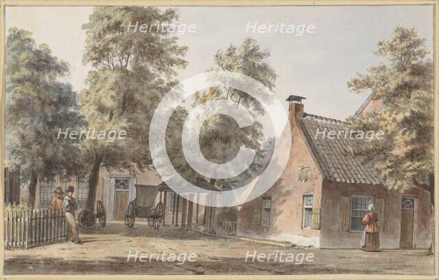 Village view with two men leaning against a fence on the left, 1820-1872. Creator: Hendrik Abraham Klinkhamer.