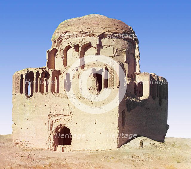 Front view of a crumbling mosque, with a man standing beside it, between 1905 and 1915. Creator: Sergey Mikhaylovich Prokudin-Gorsky.