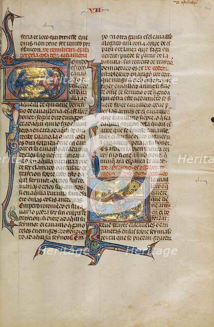 Initial T: A Joust between Two Knights: Initial E: A Knight on Horseback..., about 1290-1310. Creator: Unknown.