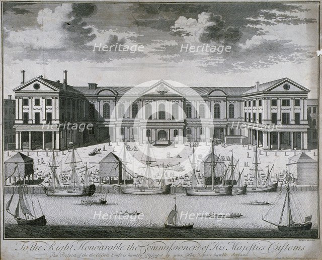 The Custom House from the River Thames, as it was in 1714, 1715.                                     Artist: John Harris