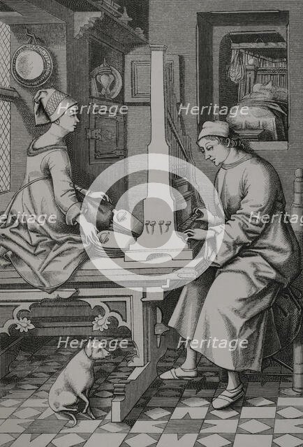 German musician executing a piece of music upon a portable organ, 15th century (1877).  Creator: Unknown.