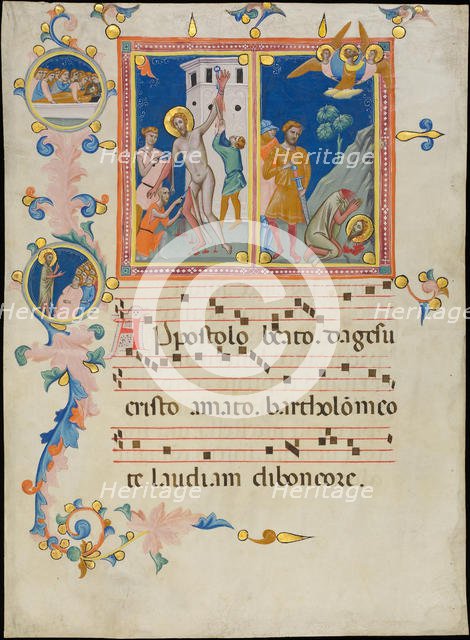Manuscript Leaf with the Martyrdom of Saint Bartholomew, from a Laudario, ca. 1340. Creator: Pacino di Bonaguida.