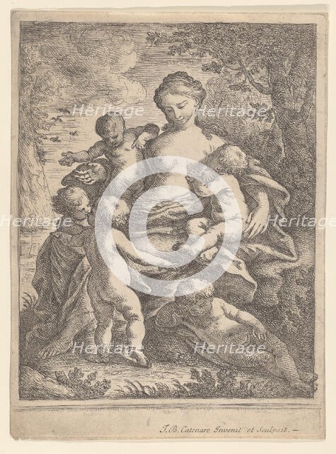Charity, seated in a landscape surrounded by five nude children, 1692-1727. Creator: Giovanni Battista Catenaro.