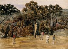 A naked man is strung up on a tree by his neck and surrounded by soldiers. Creator: Unknown.