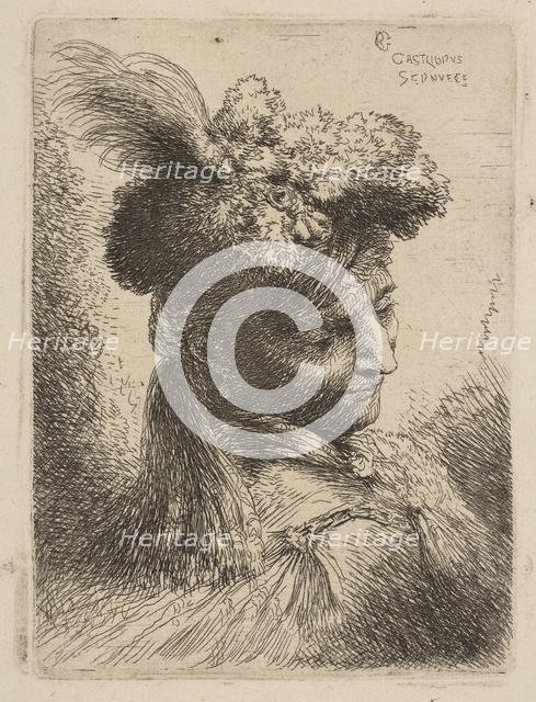 Young man facing three quaters right wearing a fur headdress with a plume, jewel an..., ca. 1645-50. Creator: Giovanni Benedetto Castiglione.