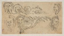 Plate 4: five grotesque heads, from 'Friezes, foliage, and grotesques' (Frises, feu..., ca. 1642-43. Creator: Stefano della Bella.