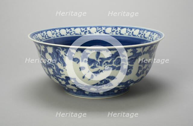 Bowl with Dragons, Peony Scrolls, and Band of Lingzhi..., Ming dynasty, Jiajing reign (1522-1566). Creator: Unknown.