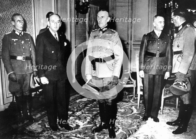 Meeting between German officers and French Vichy government officials, France, 1940-1944. Artist: Unknown