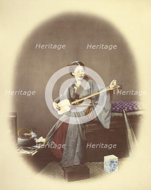 Girl Playing the Samisen, 1866-1867. Creator: Felice Beato.