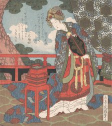 Lady with Fan Standing on Verandah, 19th century. Creator: Gakutei.