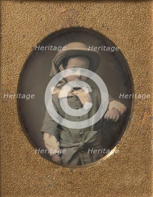 Child Wearing Straw Hat, Arm Resting on Table, 1840s-50s. Creator: Unknown.
