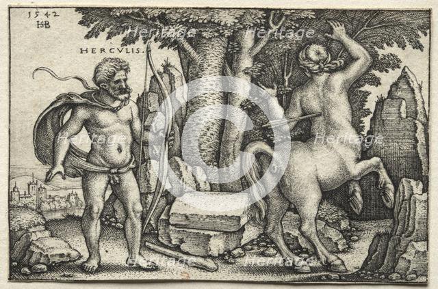 The Labors of Hercules: Hercules Shooting Nessus, 1542. Creator: Hans Sebald Beham (German, 1500-1550).