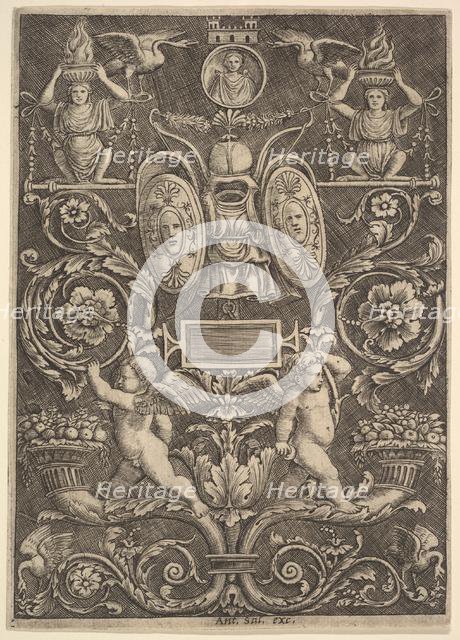 A panel of ornament, putti standing on cornucopia in lower section, 1530-60. Creator: Master of the Die.