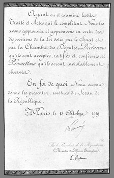 'Le document de Versailles; signatures de MM Raymond Poincare et Pichon', 1919. Creator: Unknown.