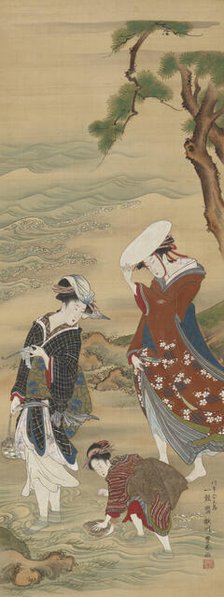 Two women and a girl on the seashore, 1735-1814. Creator: Utagawa Toyoharu.