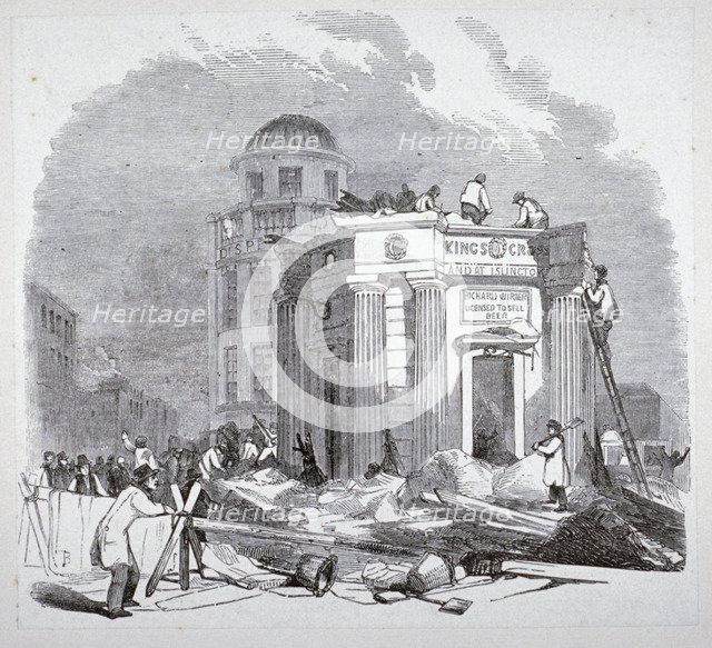 Demolition of the monument to George IV, King's Cross, London, 1845. Artist: Anon