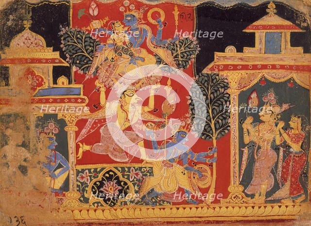 Krishna Uproots the Parijata Tree, Folio from a Bhagavata Purana..., between 1525 and 1550. Creator: Unknown.