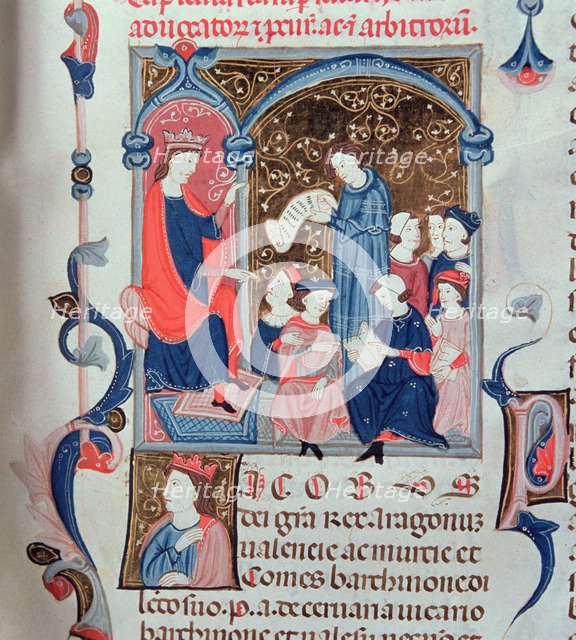 King James I the Conqueror (1213 - 1276) chairing a session of the Parliament. Miniature in the '…