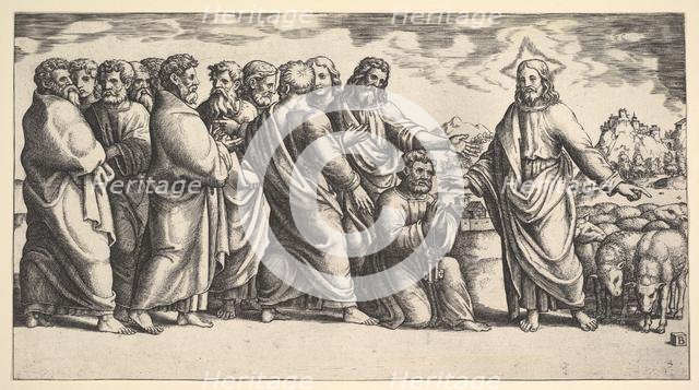 Christ standing at left indicating to a flock of sheep, before him kneels St. Peter hol..., 1530-60. Creator: Master of the Die.