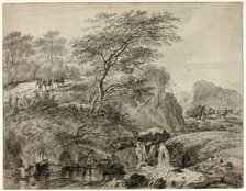 Hilly Landscape with Figures Beside Waterfall, 1785. Creator: Gerard van Nijmegen.