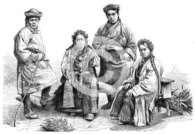 Bhutia (Bhutanese) costumes, 1895.Artist: Pranishnikoff