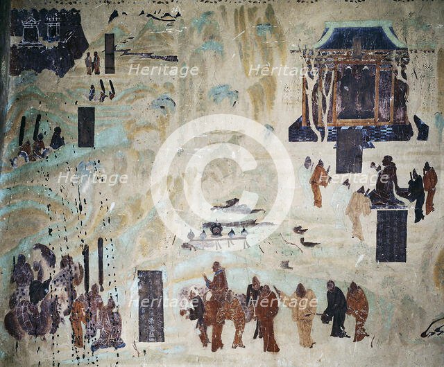 The travel of Zhang Qian to the West. North wall fresco in Mogao Cave 323, 8th century. Creator: Chinese Master.