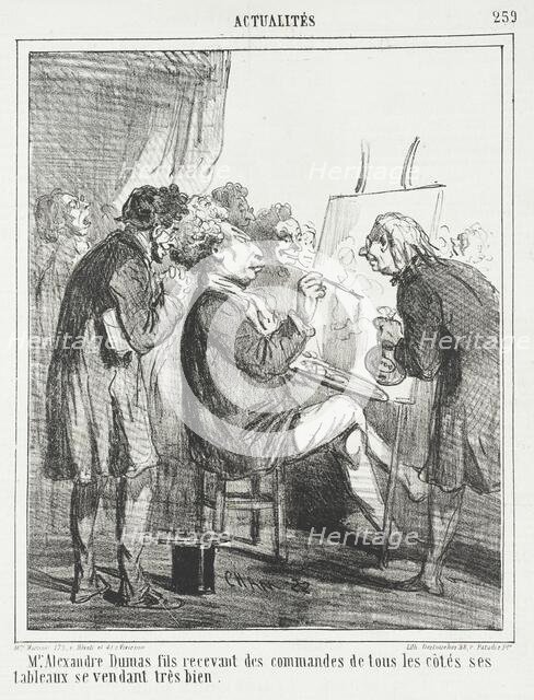 Monsieur Alexandre Dumas fils recevant des commandes de tous les côtés ses tableaux se..., 1865. Creator: Cham.
