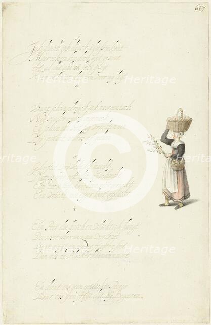 Woman with two baskets of fruit and a cherry tree branch, c.1652. Creator: Gesina ter Borch.