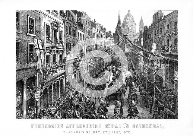 Procession approaching St Paul's Cathedral, Thanksgiving Day, 27 February, 1872, (1899). Artist: Unknown