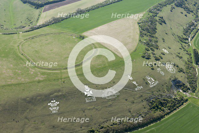 Chalk military badges and Chisenbury Camp univallate hillfort, Fovant Down, Wiltshire, 2015. Creator: Historic England Staff Photographer.
