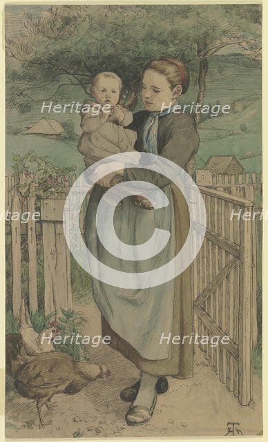 Farm girl standing by a wooden trellis with a child in her arms, c1860s. Creator: Hans Thoma.