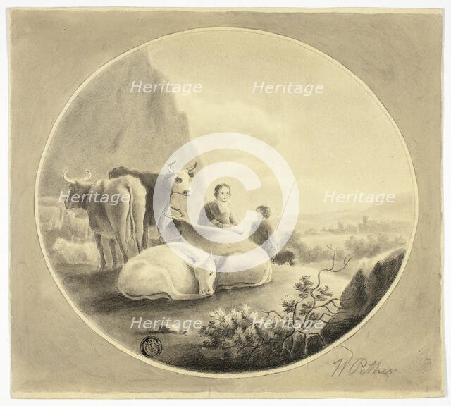 Herdsmen, Cows and Sheep in Landscape, n.d. Creator: William Pether.