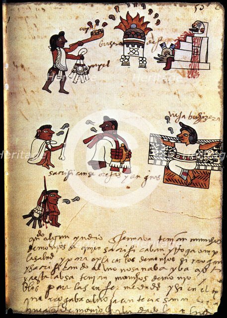 Codex of Tudela, 16th century. Offerings and sacrifices, Indian with a sahumador pouring copal... Creator: Unknown.