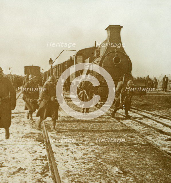 Troops disembarking from steam train, c1914-c1918. Artist: Unknown.