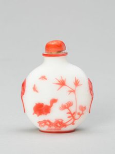 Snuff Bottle with a Cat and Two Butterflies near Bamboo, Rockwork, and Chrysanthemum...1800-1900. Creator: Unknown.