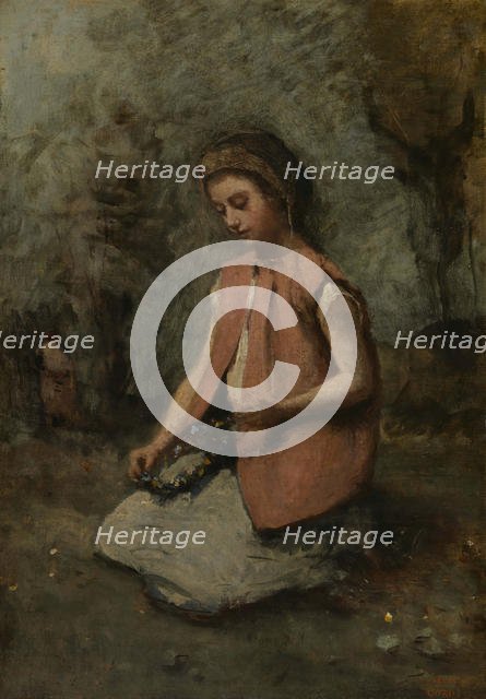 Girl Weaving a Garland, 1860-65. Creator: Jean-Baptiste-Camille Corot.