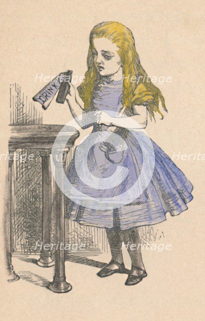 'Alice looking at the bottle with the sign 'drink me''', 1889. Artist: John Tenniel.