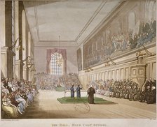 Interior view of the hall of Christ's Hospital, with an event taking place, City of London, 1808. Artist: Augustus Charles Pugin