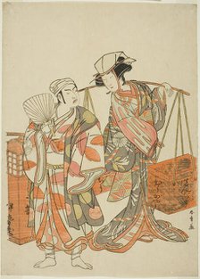 The Actors Ichimura Uzaemon IX as a Male Fox Disguised as the Sake Seller Iseya (left)..., c. 1777. Creator: Shunsho.