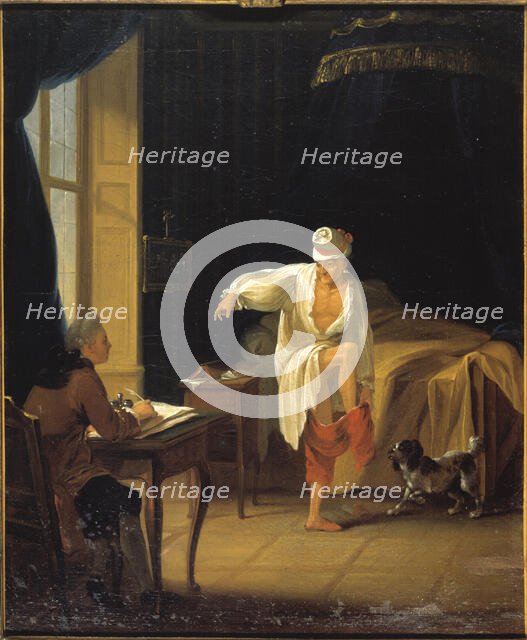 Voltaire on rising in Ferney, dictating to his secretary Collini, c1772. Creator: Jean Huber.