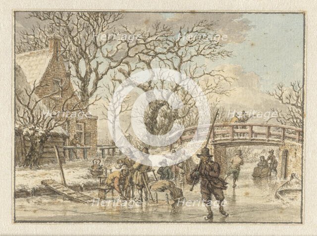 Winter landscape with skaters on a river, 1781. Creator: Jacob Cats.