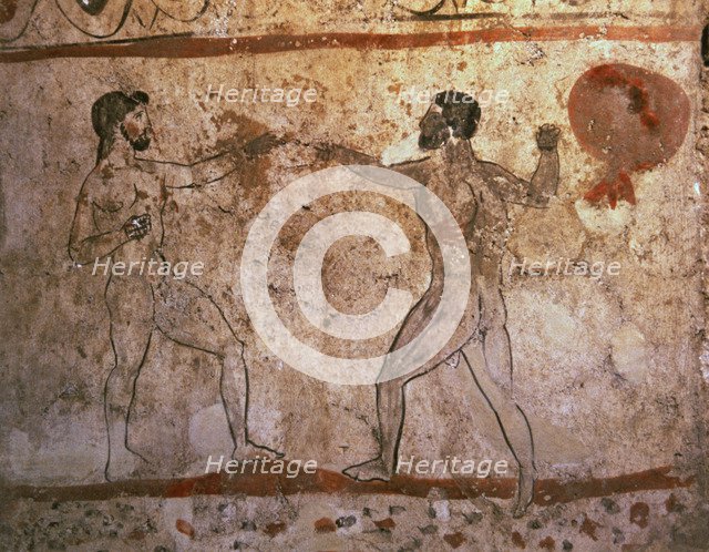 Fight or boxing match. Greek painting italic influenced, from the Lucanian tomb of Paestum.
