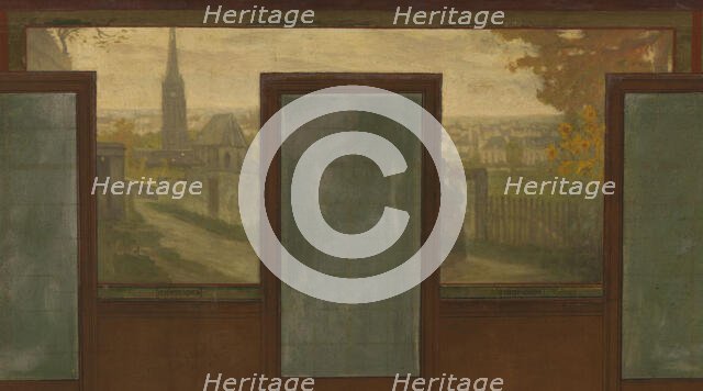 Sketch for the town hall of Vanves: Views of Vanves. Tram. Place de Vanves. Castle path..., 1902. Creator: Jean Joseph Enders.