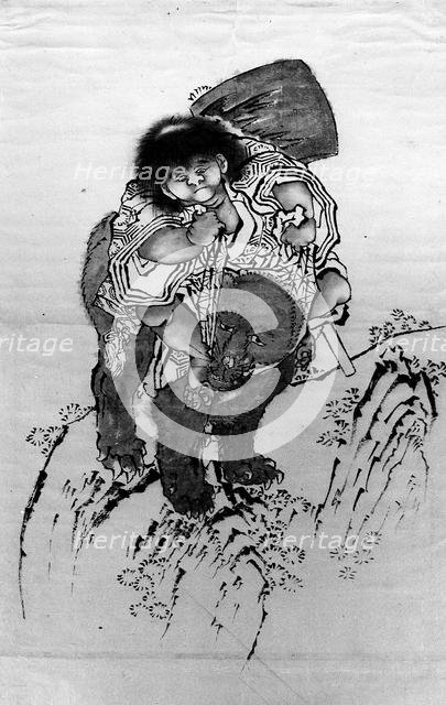 Sakata Kintoki Riding on Bear's Back, 18th-19th century. Creator: School of Katsushika Hokusai.